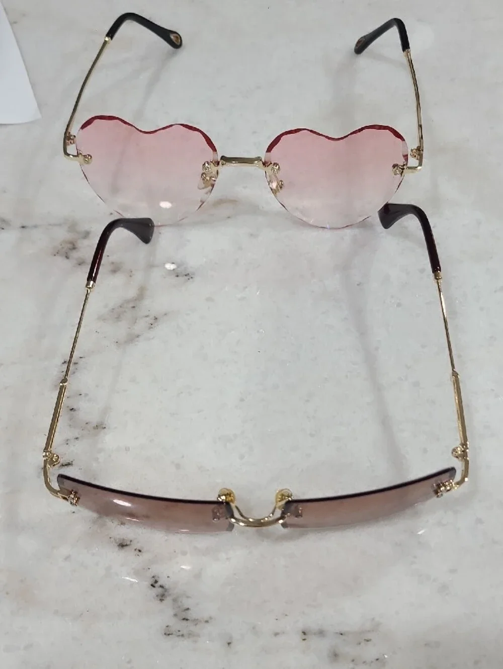 Rimless Heart & Rectangle Sunglasses Set — Pink & Brown